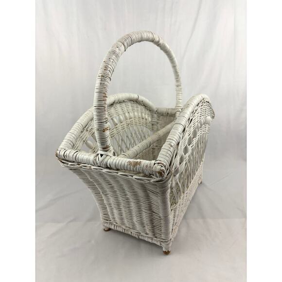 Vintage White Wicker Magazine Basket Holder Wooden 19.5" 1960's Storage Rack - Picture 13 of 16